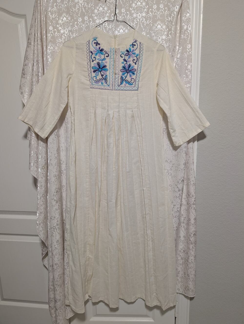 Vintage 70s Embroidered Floral Boho Maxi Dress Kodel Cotton
